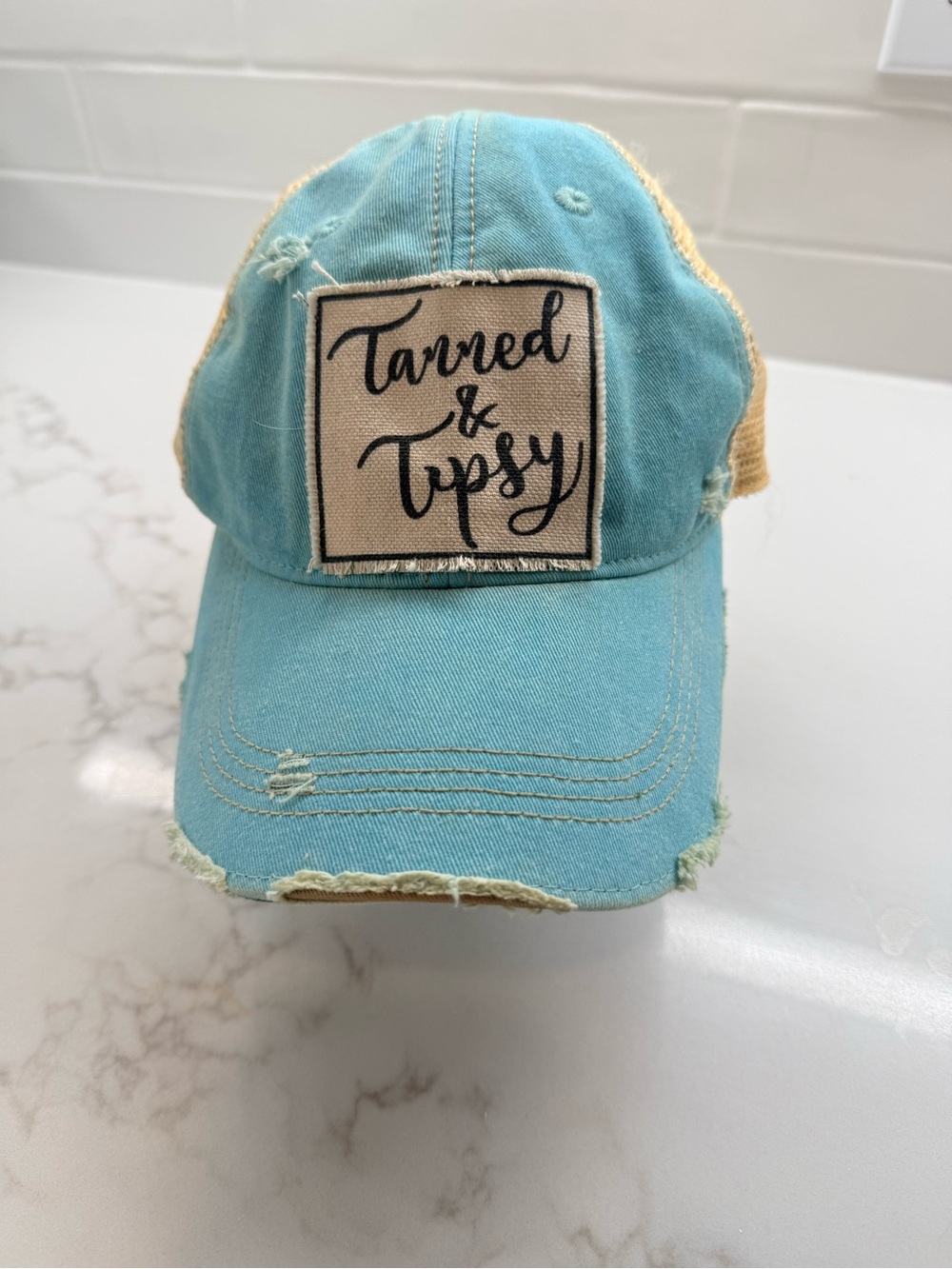 Tan & Tipsy my elf name- yeah it tracks! Distressed Blue Baseball Cap